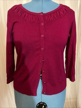 New York & Company Raspberry Pink Ruffle Collar Cardigan